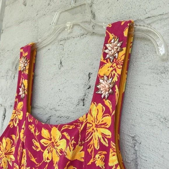 Zara Pink/Yellow Floral Knit Jeweled Shoulder Mini Dress Size Medium - Picture 4 of 15